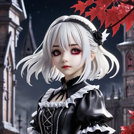 <lora:PVC:1>ï¼PVC figure,rendering,
((masterpiece))),(((best quality))),((ultra-detailed)),(illustration),(dynamic angle),
((floating)),(paint),((disheveled hair)),
(solo),(1girl), little girl, small breast,(((detailed anima face))),((beautiful detailed face)),collar,(((gothic, little girlta_fashion, gothic_little girlta))),
((white hair)),((streaked hair)),
beautiful detailed eyes,(red eyes),
(((detailed castle))),(((high saturation))), ((best shadow)) ,((night,red moon,blood on face,blood on cloths,splash blood)),arms behind back
((young,little girl,cute,clear face))