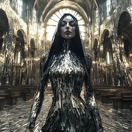 franglamex professional photo, sexy nun in the cathedral made of metal, high details and very detailed, cinematic, professional light<lora:franglamex:1>
