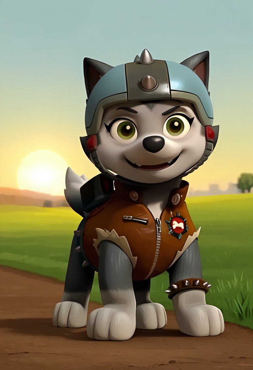 BREAK score_9, score_8_up, score_7_up, source_anime, front view, 1girl, solo, Gasket_PP, feral, dog, alaskan malamute, two tone fur, gray-white, green eyes, fluffy tail, grey-black helmet, spiked helmet, brown jacket, belt, spiked belt, brown bracelet, spiked bracelet, bracelet on left paw, grass, detailed background, day, sun, blue sky, (dynamic pose:1.5), (creativity:1.5), smile, cute,