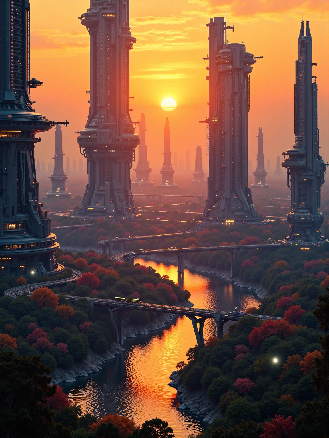 anm-frac of a high detail photo of a huge futuristic high-tech city on a foreign planet. in the center there is a gigantic cylinder, a structure that streches far into the sky and has glowing lights on various levels. Also big gardens are edged into building. Public transport lines with trains on rails connect the city from every direction and cross the small lake all around the city. There are bright bluish forests and the water of the lake is hughly reflective. sunset, saturated colors fractal patterns, monochrome patterns, Fiery Oranges and Reds: Scarlet, orange, and gold for a bold, fiery appearance, ultra detailed cinematic film still, aesthetic realistic masterpiece
<lora:anm-frac-v1-000022:1>