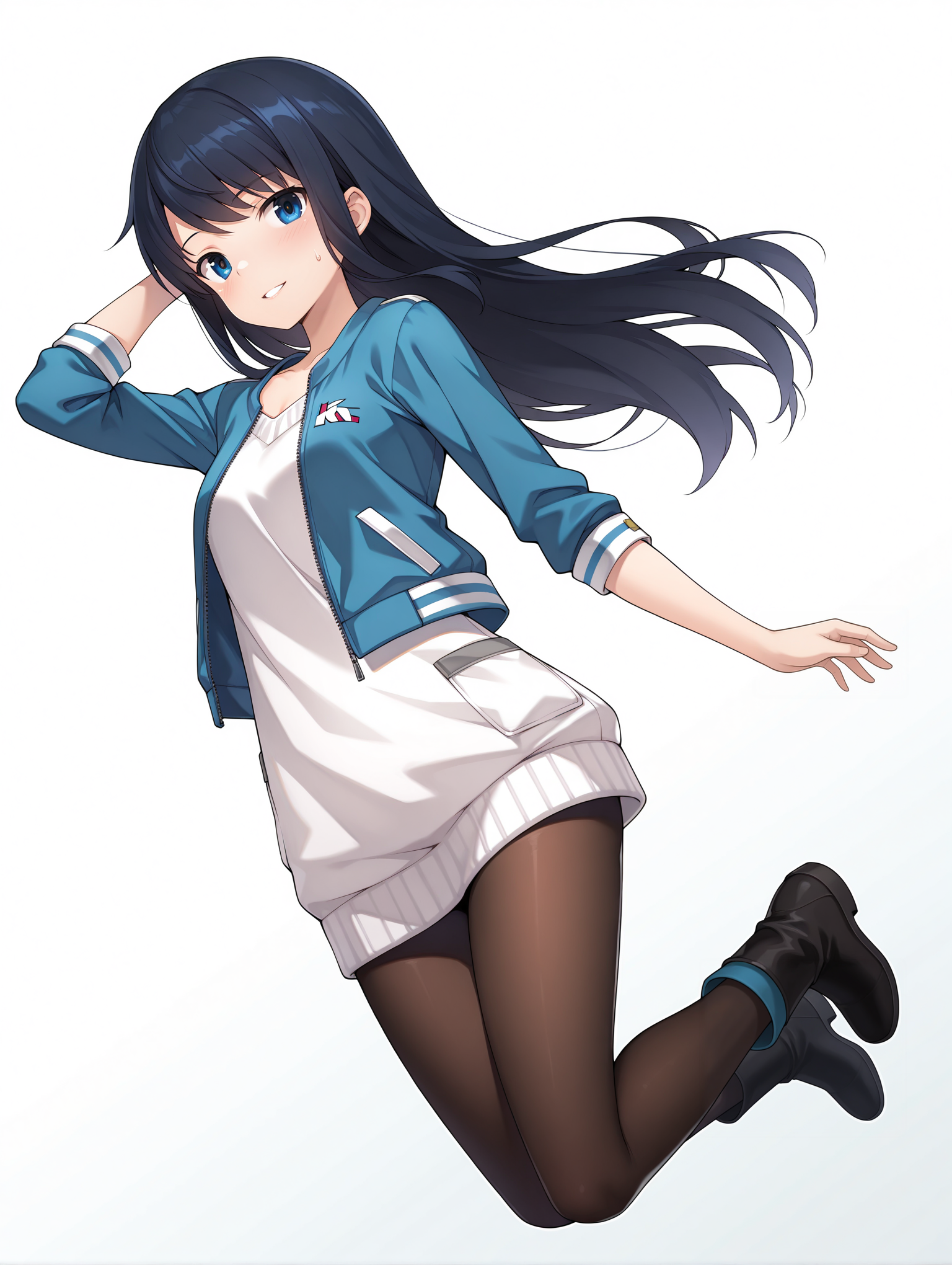 masterpiece,best quality,newest,
1girl,solo,
<lora:k_mutsumi_ilxl_v1.0:1>,k_mutsumi,black hair,long hair,blue eyes,
k_a_s,blue,sweater dress,black_pantyhose,boots,
<lora:Fixhands_anime_bdsqlsz_V1:1>,light_blush,cinematic_angle,looking_at_viewer,jumping,full body,parted lips,sweatdrop,white_background,simple_background,:d,dynamic_angle,