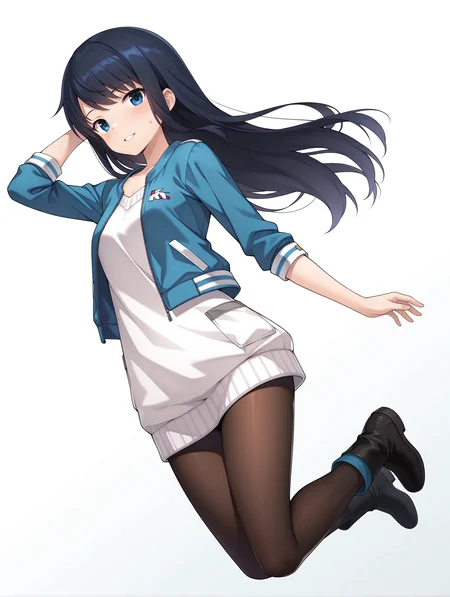 masterpiece,best quality,newest,
1girl,solo,
<lora:k_mutsumi_ilxl_v1.0:1>,k_mutsumi,black hair,long hair,blue eyes,
k_a_s,blue,sweater dress,black_pantyhose,boots,
<lora:Fixhands_anime_bdsqlsz_V1:1>,light_blush,cinematic_angle,looking_at_viewer,jumping,full body,parted lips,sweatdrop,white_background,simple_background,:d,dynamic_angle,