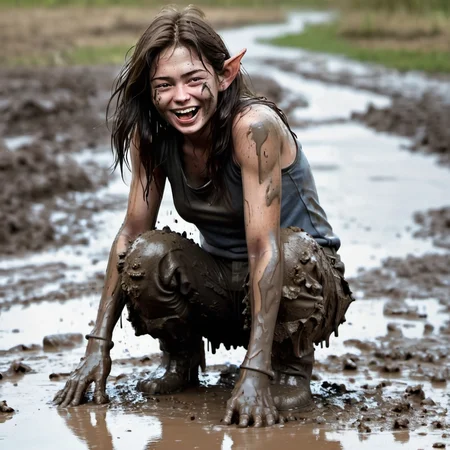 brunette cindyelfxl <lora:cindyelfxl:0.7> large pointed:2 ears side view, Cindy jumping and splashing in ankle-deep mud, laughing, muddy, covered in mud, dirty