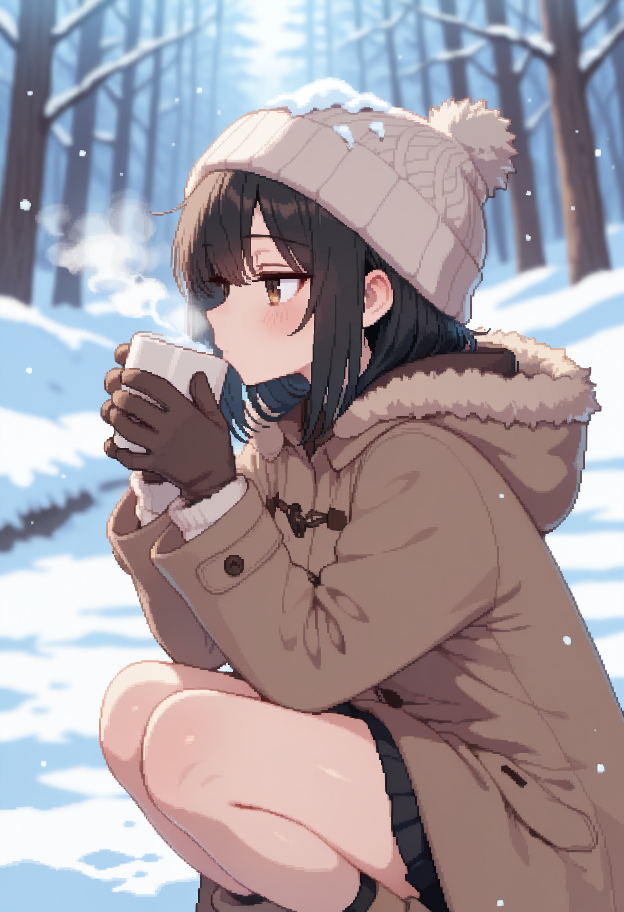masterpiece, best quality, amazing quality, tinia etru, 

from side, 

1girl, solo, profile, black hair, brown eyes, 

beanie, snow on headwear, brown coat, fur-trimmed hood, winter gloves, 

squatting, legs together, 

holding cup, steam, breath, drinking, expressionless, blush, 

winter, snowing, tree, depth of field, blurry background, 