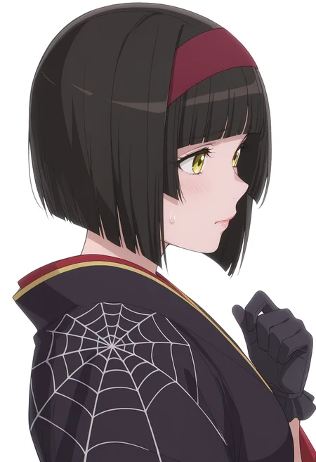 Smooth Quality,masterpiece, ultra realistic,
simple background, white background, 
from side,nervous,
 <lora:MioCnn:0.8> Mio/Cnn, 1girl, short hair, bangs, japanese clothes, kimono, yellow eyes, hairband, blunt bangs, black gloves, black hair, spider web print,