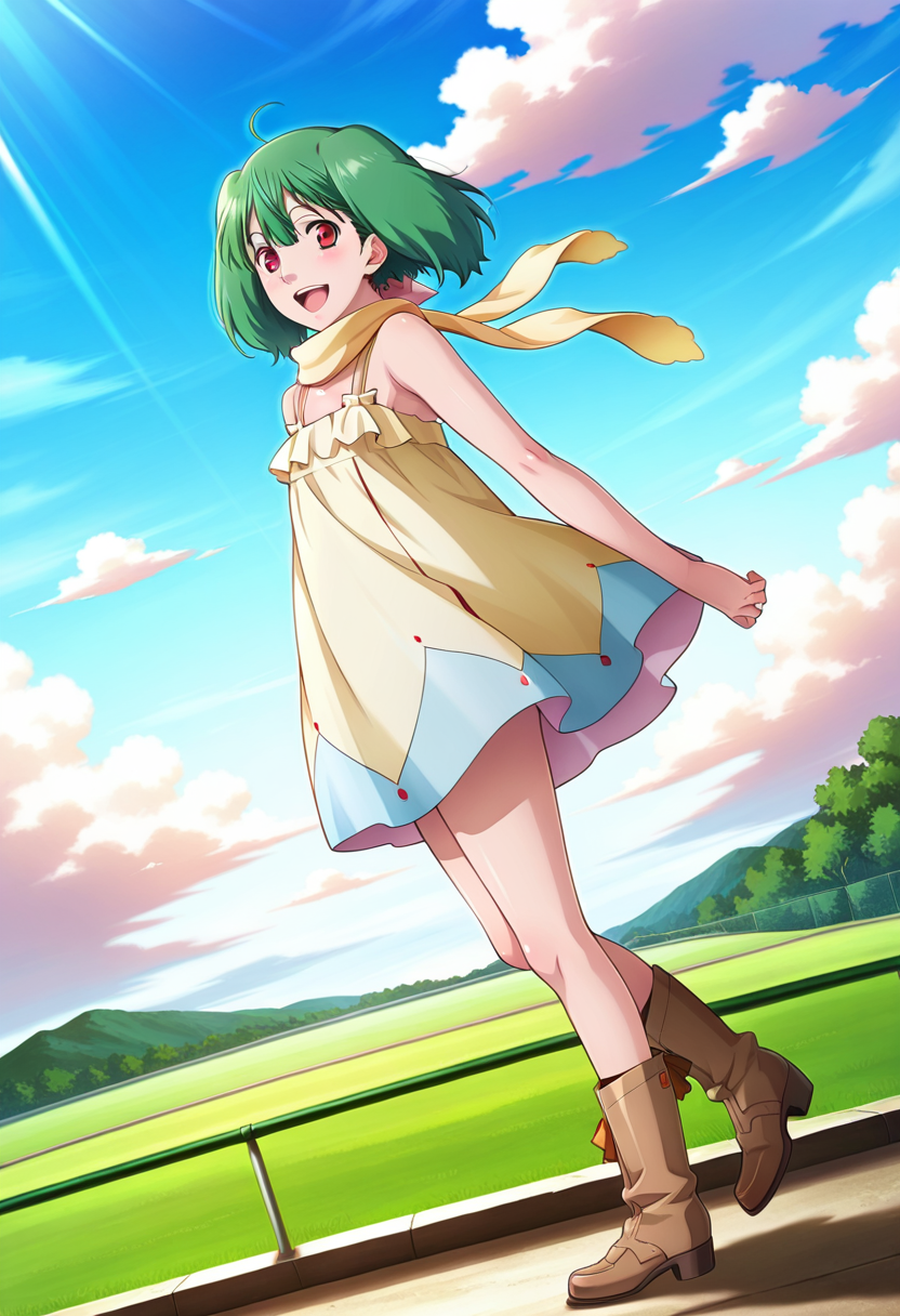 park, day, clouds,
BREAK,
open smile,  looking at viewer, 
full body,
dynamic angle, from side,
BREAK,
 <lora:rankaX_illustriousXL_v01:0.9>
ranka lee, rankacasuala, green hair, red eyes, short hair, ahoge, 
dress, yellow dress, sleeveless, bare shoulders,  yellow scarf, 
brown boots,, source_anime, very aesthetic, anime coloring, masterpiece, 
best quality, amazing quality, ultra detailed, very aesthetic, 
detailed background, 
BREAK,