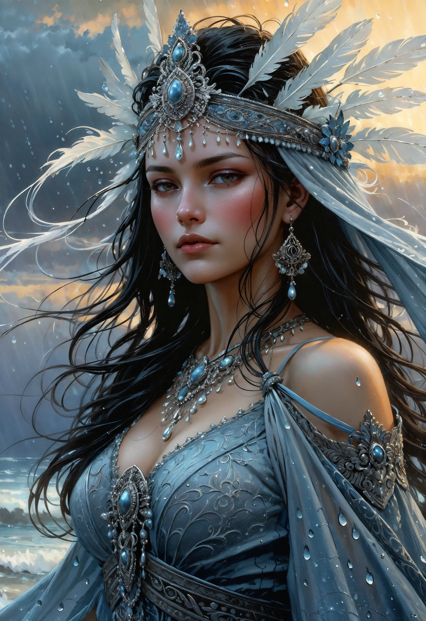 (in Gerald Brom style:1.4), high quality, masterpiece, A female figure composed of shifting clouds and wind, wearing a flowing dress made of mist and raindrops, her face soft and ever-changing, illuminated by the soft glow of twilight, set against a vast horizon where the sky meets the ocean, with gentle rain falling, (elaborately detailed attire with extraordinary elements and headdress:1.1), (hyperdetailed:1.1), (intricate details:1.0), (Refined details:1.1), (best quality:1.1), (high resolution:1.2)