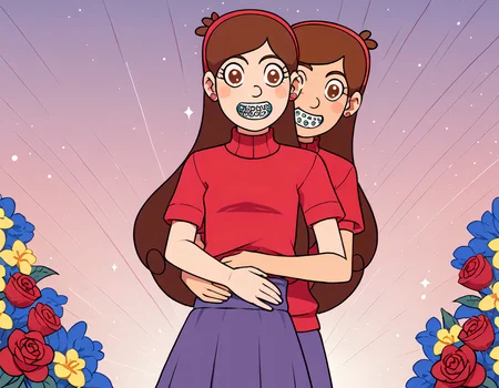 score_9_up, score_9, score_8_up, score_7_up, rating_explicit, anime, highly detailed, extremely detailed, best quality, masterpiece, 1boy, 1girl, couple, boy's arm around girl's waist, hand on waist, girl grabbing boy's arm, boy in shirt, short sleeves, flower pin, red rose pin, girl in dress, short dress, summer dress, flower crown, flower meadow, colorful flowers, soft colors, low saturation, red flowers, yellow flowers, blue flowers, purple flowers, ((pastel colors)), pastel_style, ((flowers)), [[long shot]], medium long shot, wallpaper, rating_safe, p4st3lg0r3, Mabel Pines, Brown hair, Brown eyes, Braces, Sweaters with various designs, Headbands, Skirts, Black shoes, m4bel, brown hair, long hair, hairband, turtleneck sweater, purple skirt, white socks, black footwear