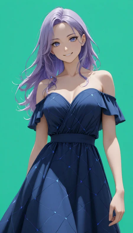 masterpiece, best quality, newest, absurdres, highres, BREAK, 8K, depth of field, focused subject, dynamic angle, BREAK, 1girl, (violet hair:1.5), long hair, violet eyes, BREAK, (cornflowerblue Off-the-shoulder cocktail dress with Rhombus pattern), BREAK, standing, smiling, happy face, BREAK, (solid green background:1.5)