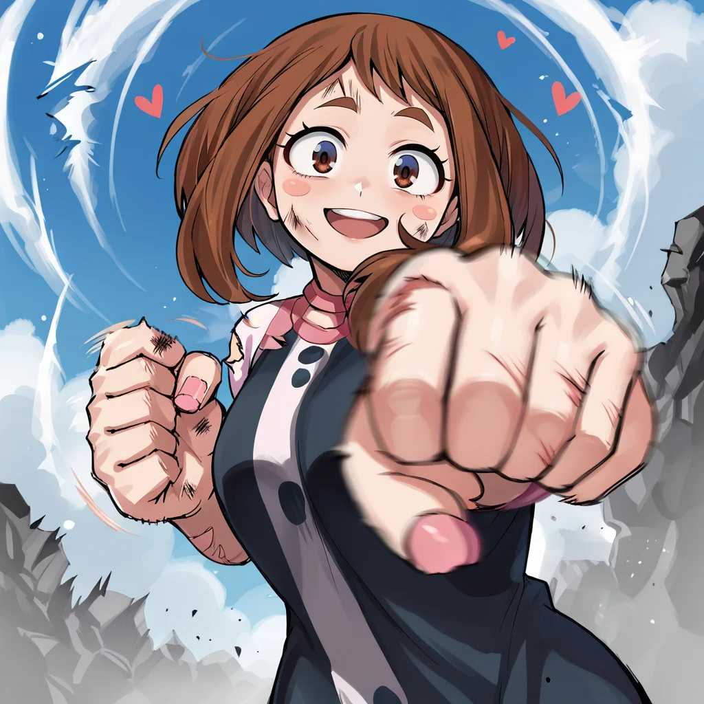 score_9, score_8_up, score_7_up, score_6_up, score_5_up, score_4_up, zPDXL2,source_anime,rating_questionable, solo, outdoors, smile, happy, hearts, low angle,1girl, Ochako Uraraka <lora:Punching_POV:0.8> p4nch, looking at viewer, punching, clenched hand, motion lines, motion blur <lora:Battle_Damage:0.6> BattleDamage, cuts, bruises, damaged,
