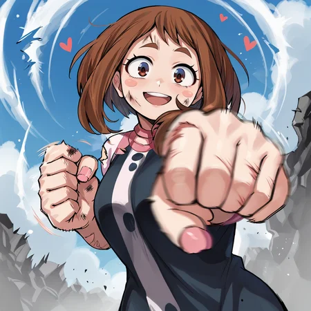 score_9, score_8_up, score_7_up, score_6_up, score_5_up, score_4_up, zPDXL2,source_anime,rating_questionable, solo, outdoors, smile, happy, hearts, low angle,1girl, Ochako Uraraka <lora:Punching_POV:0.8> p4nch, looking at viewer, punching, clenched hand, motion lines, motion blur <lora:Battle_Damage:0.6> BattleDamage, cuts, bruises, damaged,