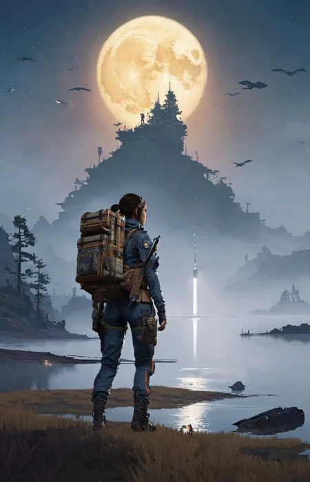 a lovely fascinated girl carries a sizable cargo while wielding a firearm, encapsulating the game's unique blend of isolation and combat., a vast, A moonlit lake, with fog rolling over the water and mysterious shapes beneath the surface sky ,moon just appeared ,Command base in background, a girl wearing with armor,weapon, headgear,motocycle bpk, backpacker, <lora:BPKXLV1-000003:0.8>