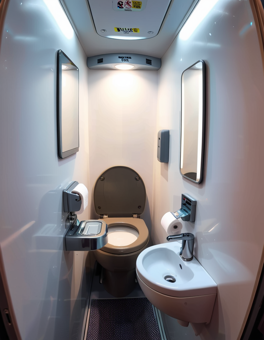 A highly detailed and realistic photograph of an airplane lavatory. The small, compact space features light gray plastic walls with subtle texture, a stainless-steel sink with a motion-sensor faucet, and a mirror reflecting the narrow interior. The toilet is sleek, with a closed lid and a small instruction sticker on top. A soft, dim overhead light illuminates the space, creating a sterile yet functional atmosphere. On the side, a dispenser for paper towels and a built-in trash compartment are visible. The door has a small lock mechanism and an 'Occupied' sign. The floor is dark, non-slip material, and there are small signs with safety instructions in multiple languages. The perspective is slightly wide-angle, capturing the entire space from a slightly tilted angle, emphasizing the compact design. 
<lora:SDXLFaeTastic2400:0.4> <lora:extremely_detailed:0.4> extremely detailed,<lora:airplane_l4v4t0ry:1>,airplane l4v4t0ry, Masterpiece,best quality,hi res,8k,hi res,8k,award winning,(sharp focus, intricate, highly detailed),