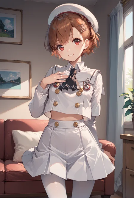 score_9, score_8_up, score_7_up,cowboy shot, hand on own chest,
shiomi kotone, hairclip,smile,
,school uniform, white serafuku, double-breasted,white pantyhose, hat,
living room, <lora:persona3_shiomi_ponyXL:1>,<lora:JanusUniformXLPony:1>