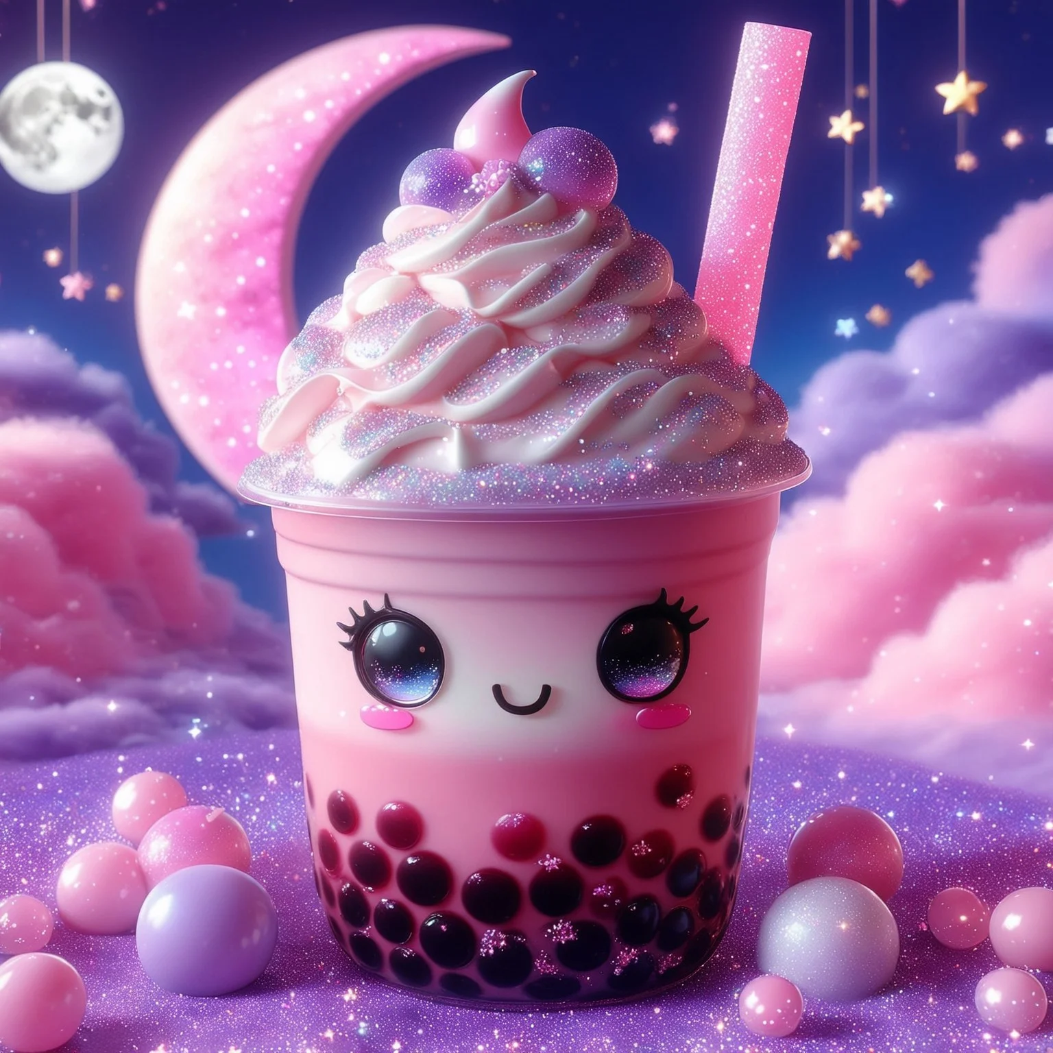 bubble tea,big kawaii anime eyes, blush stickers, cherry, :3, bubble tea, whipped cream on top, blurry, solo, moon, rainbow,glitter on top