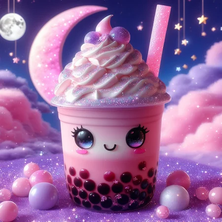 bubble tea,big kawaii anime eyes, blush stickers, cherry, :3, bubble tea, whipped cream on top, blurry, solo, moon, rainbow,glitter on top