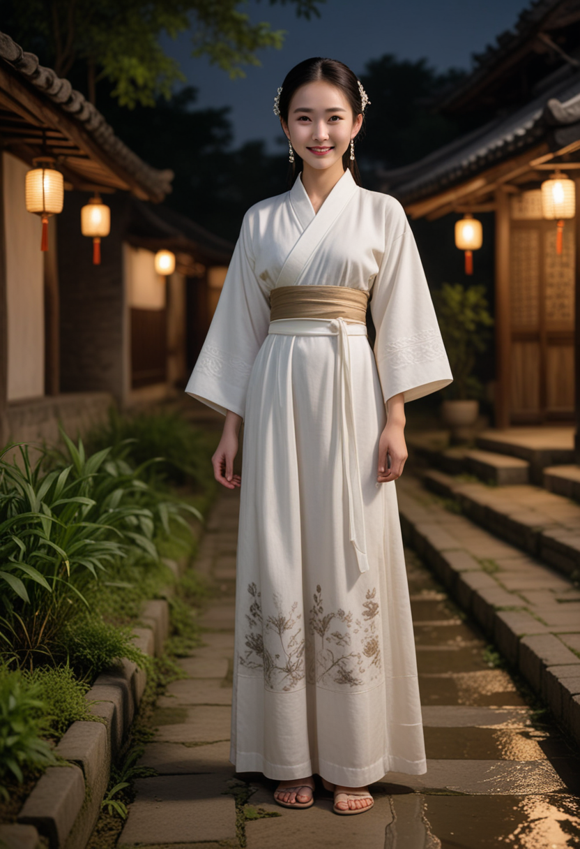 (medium full shot) of (serene Chinese young woman from the Song Dynasty), wearing a white floor-length hanfu, simple flats with elegant patterns, delicate earrings, hair adorned with hairpins, set in the ancient china, in  a serene village, with thatched roofs, stone pathways, lush rice paddies, gentle rivers, at night, woman smiling, Masterpiece,best quality, photo, realistic, very aesthetic, detailed face,