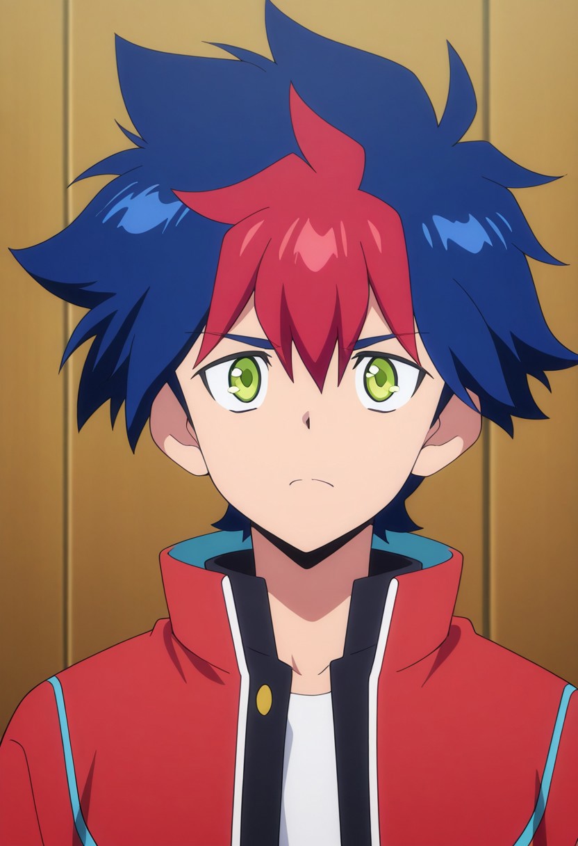 masterpiece,best quality,amazing quality, source_anime,
RaitoTenryu, 1boy, male focus, solo, green eyes, multicolored hair, blue hair, red hair, gakuran, shirt, white shirt, jacket, red jacket, open jacket,