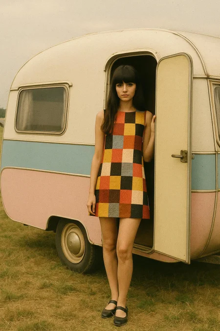 ;;; Vintage Caravan Portrait - Retro Field
(define mod-girl-caravan
  '((camera
     (body vintage-film-camera)
     (lens 50mm-f1.8)
     (film kodak-gold-200)
     (settings
      (iso 200)
      (aperture f/4)
      (shutter 1/125)))
    
    (subject
     (woman young-mod-style)
     (appearance
      (hair long-dark-bangs)
      (dress patchwork-squares)
      (style 60s-mod-fashion)
      (pose standing-doorway)))
    
    (caravan
     (type vintage-travel-trailer)
     (colors
      (top white-cream)
      (middle baby-blue-stripe)
      (bottom pink-stripe-cream)
      (roof rounded-aluminum))
     (condition well-preserved)
     (door open-welcoming))
    
    (setting
     (location open-field)
     (ground grass-sparse)
     (background
      (structures distant-buildings)
      (sky overcast-soft))
     (atmosphere festival-camping))
    
    (technical
     (quality film-grain-visible)
     (color slightly-faded)
     (processing vintage-print))
    
    (mood
     (era 1960s-revival)
     (feeling free-spirited)
     (aesthetic retro-wanderlust))))
