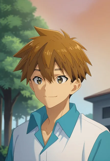 score_9, score_7_up, source_anime,
yokoya, 1boy, male focus, solo, brown eyes, brown hair, hair between eyes, short hair, multicolored clothes, shirt, collared shirt, blue shirt, white shirt, short sleeves, smile,
outdoor, sky, tree, cloud,
