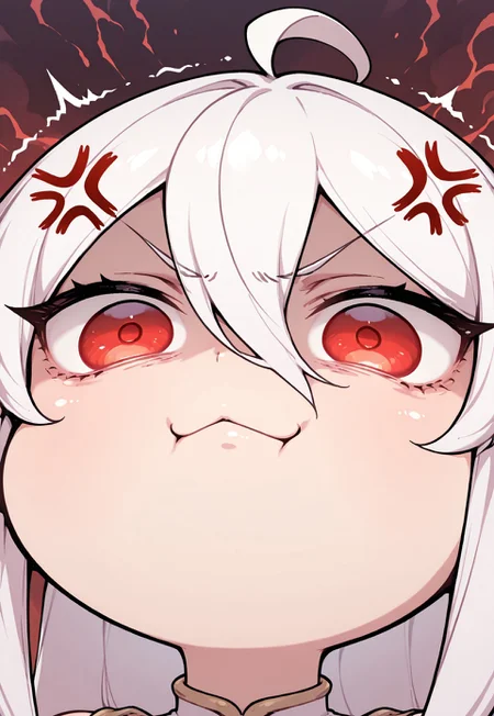 masterpiece, best quality, 1girl, solo, face focus, front view, closeup, intense expression,
elf ears, white hair, hair between eyes, long hair, red eyes, chibi,
:3,ahoge,anger vein,angry,looking at viewer,trembling, furious,enraged,wide eyes,