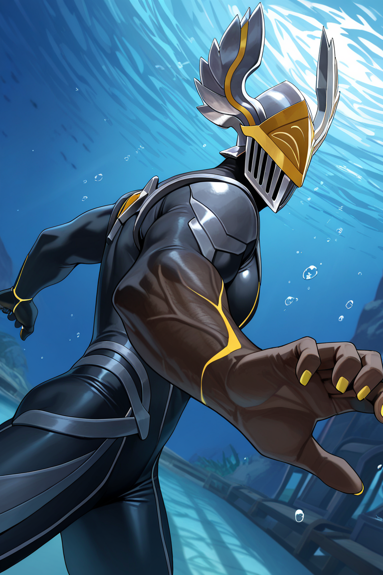 realistic shading, natural lighting, helmetted black-skinned male focus, argusld, grey-yellow_argusld_winged helmet, 1helmetted male, pokemon (creature), covered eyes, swimming underwater, fighting stance, yellow fingernails, arm veins, diver cosplay, bodysuit, glowing, shadow, day indoors sewers, foreshortening, dutch angle, dynamic angle, dynamic action, intricately detailed illustration, cinematic, depth of field, atmospheric perspective, masterpiece, best quality, amazing quality, very aesthetic, absurdres, newest