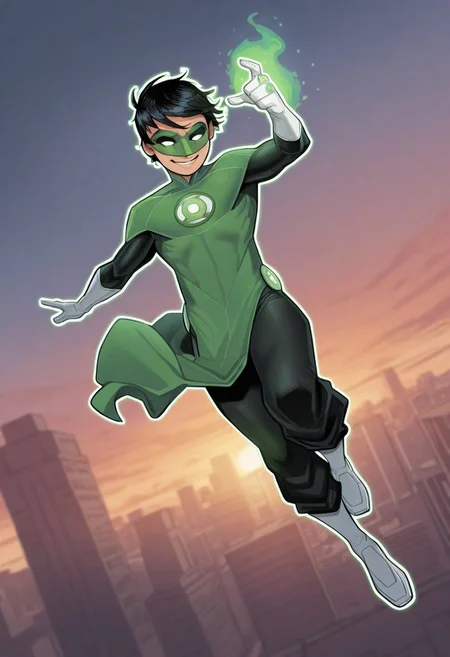 masterpiece, absurdres, high quality, perfect anatomy, 1boy, solo, cute boy, male focus, TaiPham, Black Hair, Green Lantern Ring, Green Lantern Costume, Green and Black Bodysuit, Green Domino Mask, White Eyes, White Gloves, Pelvic Curtain, Black Pants, White Shoes, Glowing Green Outline, Green Energy Aura, floating, levitating, big smile, cinematic, intricately detailed illustration, depth of field, masterpiece, best quality, amazing quality, very aesthetic, absurdres, newest, very awa, shadow, dynamic angle, casual cosplay, dynamic pose, flying, city, sunset,