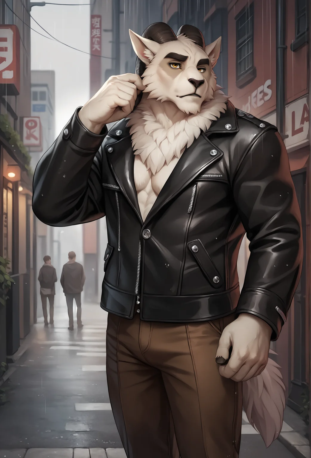 score_9, score_8_up, score_7_up, score_6_up, score_5_up, score_4_up, <lora:massak_fluffkevlar_ponyXL_v1_0.99:1> massak, 1boy, solo, realistic fur, body fur, realistic, yellow eyes, muscular, leather jacket, open jacket, pectorals, urban, lamppost, brown pants, rain