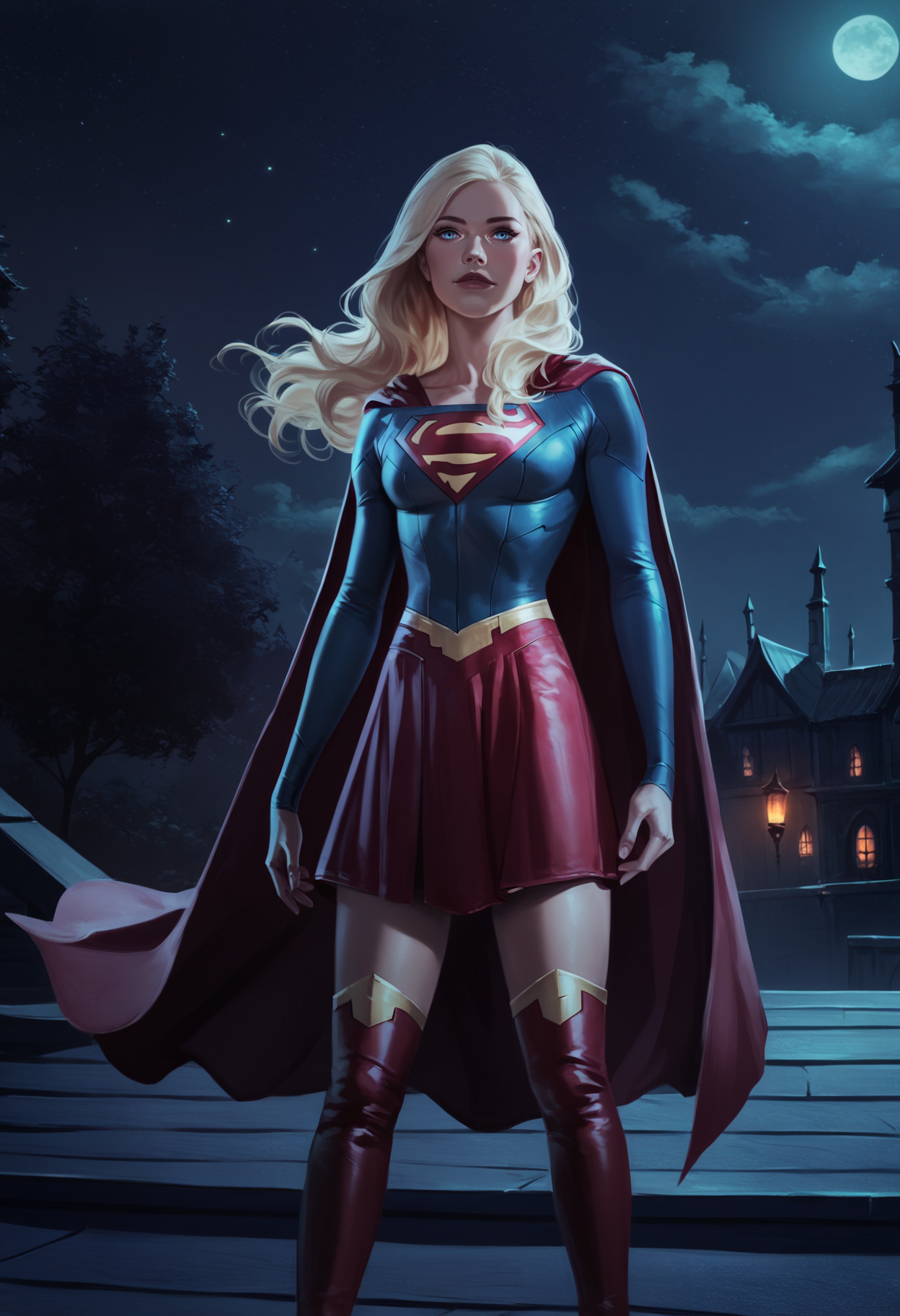 score_9, score_8_up, score_7_up, rating_safe, concept art, digital art, realistic,
1girl, losspgirl, blonde hair, long hair, blue eyes,
bodysuit, long sleeves, red cape, red skirt, red high heels thigh boots,
standing, outdoors, night, night sky, dark background <lora:Concept Art Ultimatum Style LoRA_Pony XL v6:1>  <lora:SuperGirlDCXL:1>