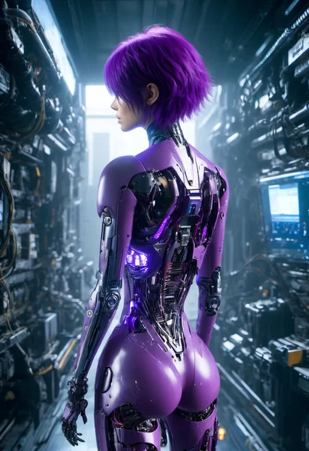 1girl, solo, short hair, purple hair, ass, looking back, from behind, lips, bodysuit, robot, science fiction, realistic, android, cyborg, robot joints, cyberpunk, mechanical parts, kusanagi motoko