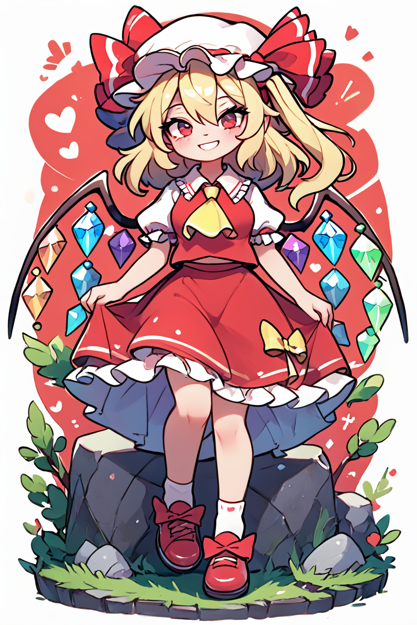 score_9, score_8_up, score_8, medium breasts, (curvy), cute, eyelashes,       BREAK, ,  ,,,  zzFlandre, red eyes, blonde hair, one side up, hair between eyes,  wings, ascot, red skirt, hat ribbon, short sleeves, puffy sleeves, mob cap, red shirt,  <lora:FlandreTouhou_PDXL:0.8>,   ,,, , BREAK, socks, big shoes, ,,, smile, looking at viewer, cowboy shot, ,,, embedding:zPDXL, Expressiveh, ,,, <lora:CuteToonPDXL:0.8>, <lora:SDXLFaeTastic2400:0.5>, <lora:Expressive_H-000001:0.4>,
