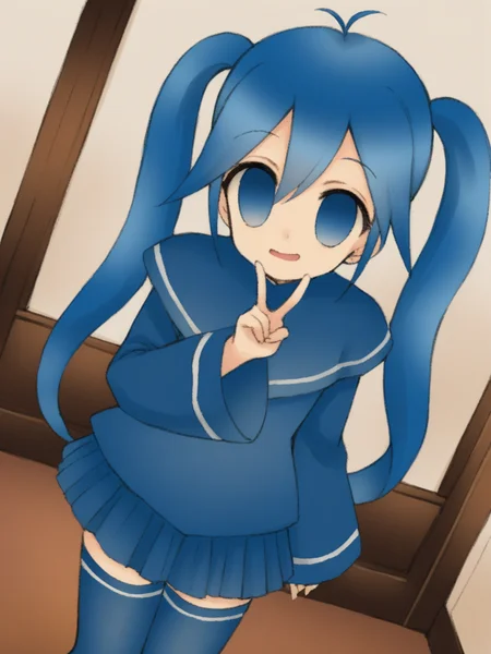 masterpiece,(best quality),highly detailed,ultra-detailed,
1girl,indoors,hand on own face,v,
<lora:imaichi_moenai_ko_A_XL_v1:0.9>,imaichi moenai ko,twintails,blue hair,very big eyes,empty eyes,blue eyes,zettai ryouiki,thighhighs,