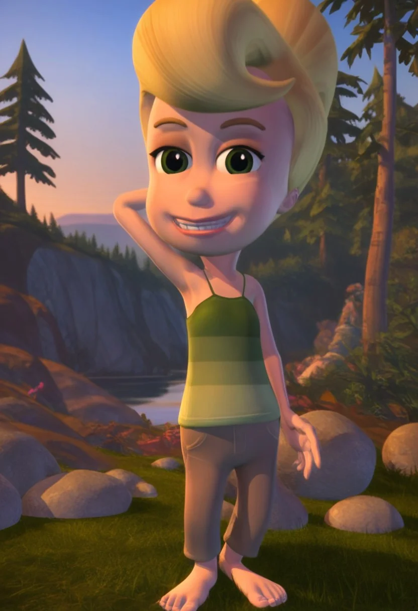 Score_9_up, score_8_up, score_7_up, 1girl, solo, cindy vortex, green shirt, beige pants, ponytail, blonde hair, smile, one hand behind head, armpits, armpit focus, mouth closed, looking at viewer, 3D, cute, flat chest,
outdoors, forest, lake, barefoot, full body,