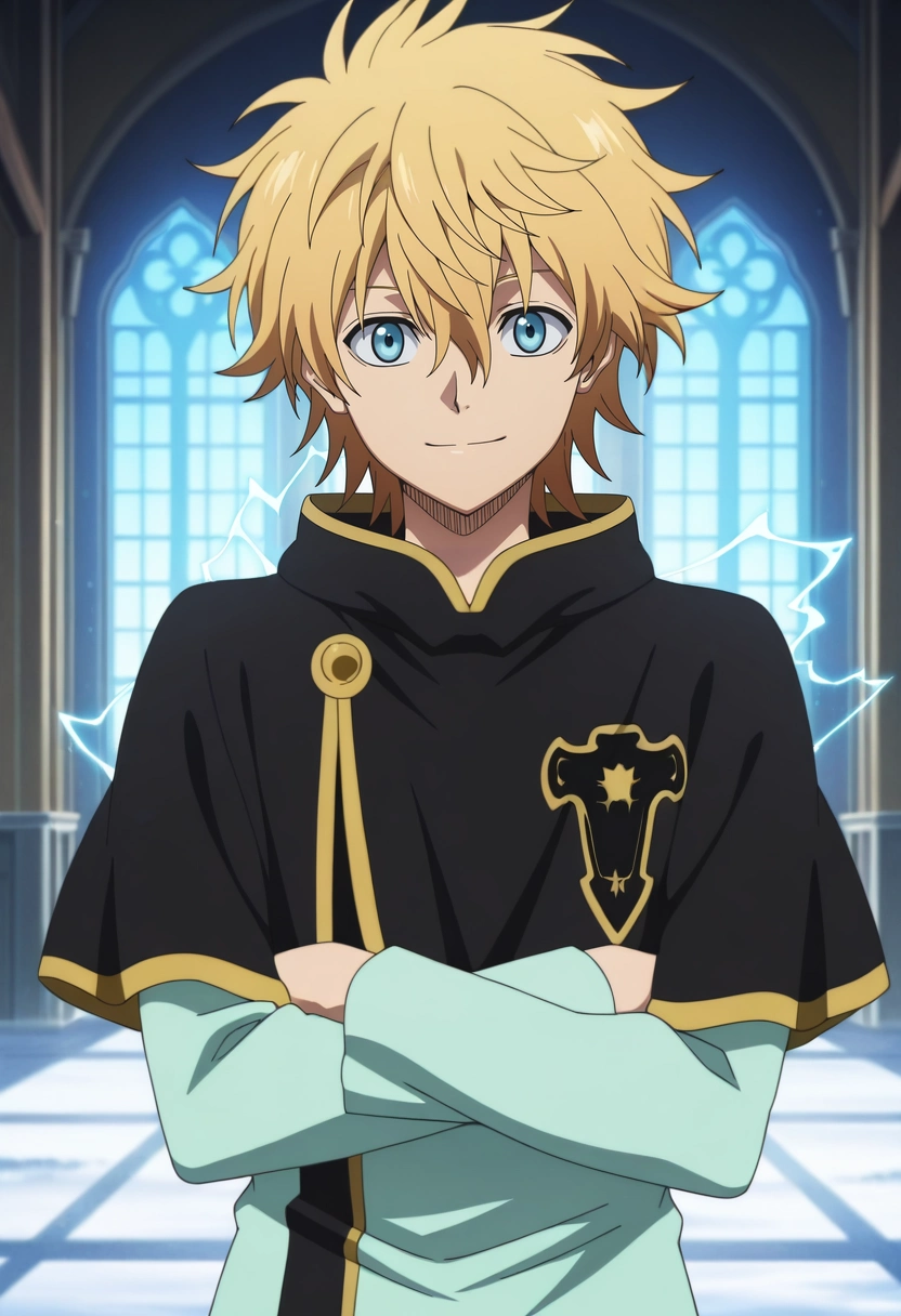 masterpiece, best quality, intricate details, anime screencap, anime coloring, official style, looking at viewer, 1boy, solo, male focus, <lora:luck_voltia_ilxl:0.9>, luck_voltia, blonde hair, blue eyes, short hair, hair between eyes, electricity, , focused, snowy field, indoors, light, arms under breasts, light smile,