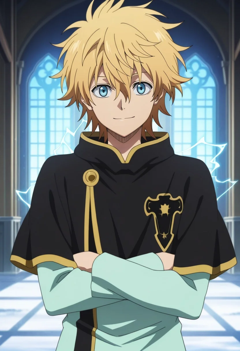 masterpiece, best quality, intricate details, anime screencap, anime coloring, official style, looking at viewer, 1boy, solo, male focus, <lora:luck_voltia_ilxl:0.9>, luck_voltia, blonde hair, blue eyes, short hair, hair between eyes, electricity, , focused, snowy field, indoors, light, arms under breasts, light smile,