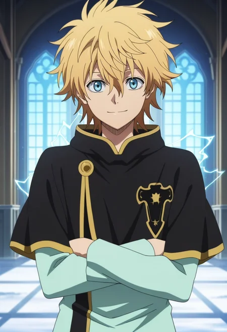 masterpiece, best quality, intricate details, anime screencap, anime coloring, official style, looking at viewer, 1boy, solo, male focus, <lora:luck_voltia_ilxl:0.9>, luck_voltia, blonde hair, blue eyes, short hair, hair between eyes, electricity, , focused, snowy field, indoors, light, arms under breasts, light smile,