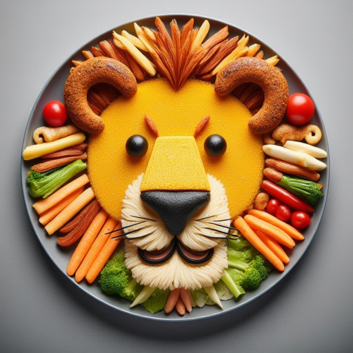 vibrant, high-resolution photograph showcasing a meticulously arranged plate of food art, styled to resemble a lion's face
