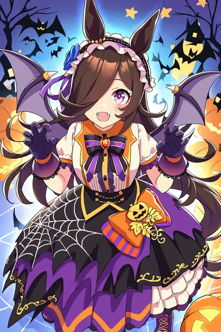 masterpiece,best quality,very aesthetic,absurdres,highres,newest,official art,official style,
1girl,solo,
rcs muv,rice shower (make up vampire!) (umamusume),rice shower (umamusume),
animal ears,bangs,bat wings,black bow,black bowtie,black skirt,
blue flower,blue rose,blush,boots,bow,bowtie,brooch,brown hair,
center frills,collared shirt,dress,eyebrows visible through hair,
flower,frilled hairband,frills,gloves,hair flower,hair ornament,hair over one eye,
hairband,halloween,high-waist skirt,horse ears,horse girl,horse tail,
jewelry,layered skirt,long hair,official alternate costume,orange bow,
puffy short sleeves,puffy sleeves,purple bow,purple eyes,purple footwear,purple gloves,
purple hairband,purple skirt,rose,shirt,short sleeves,skirt,spider web print,tail,violet eyes,white shirt,
standing,full body,
<lora:umamusume_rice_shower_ill_v1.0:1>,