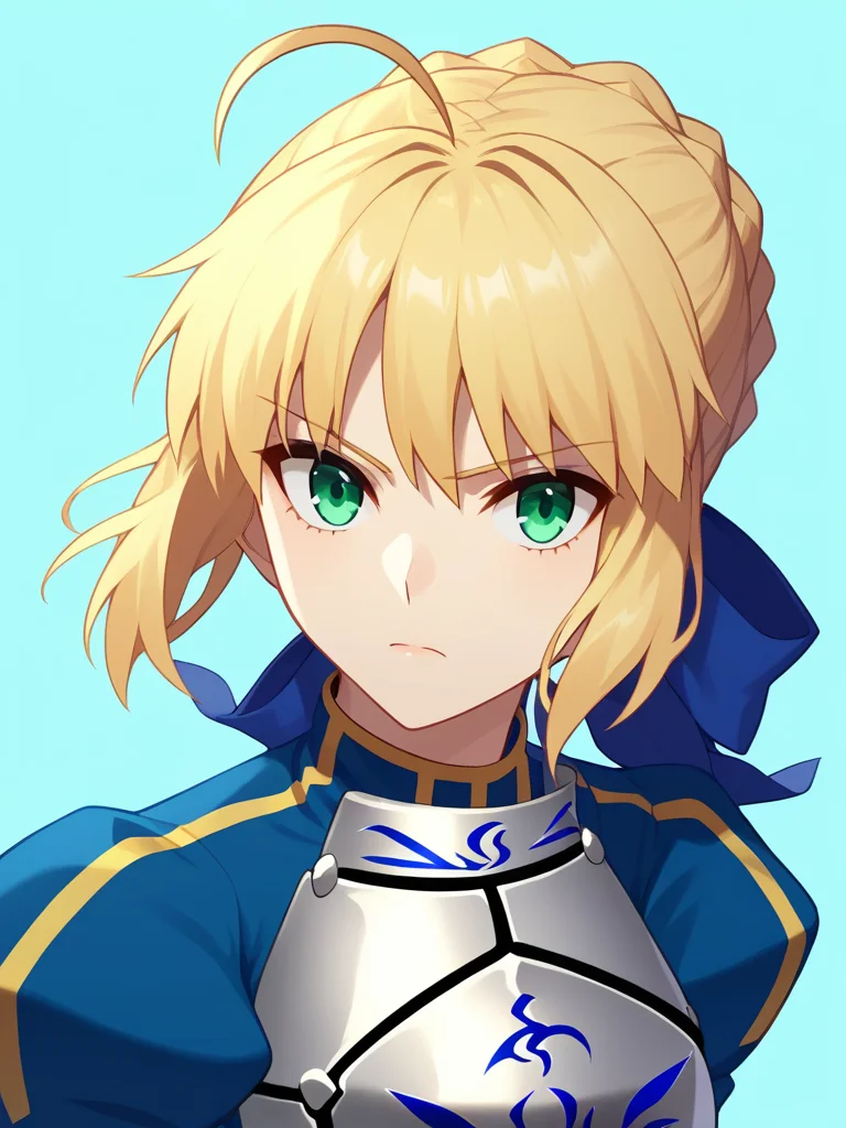 score_9,score_8_up,score_7_up,<lora:fgo_179_a1:1>,1girl, ahoge, armored_dress, artoria_pendragon_\(fate\), blonde_hair, blue_background, blue_bow, blue_dress, braid, breastplate, closed_mouth, faulds, green_eyes, hair_bow, highres, juliet_sleeves, looking_at_viewer, rerebrace, saber_\(fate\), serious, short_hair, sidelocks, simple_background, solo, upper_body, vambraces