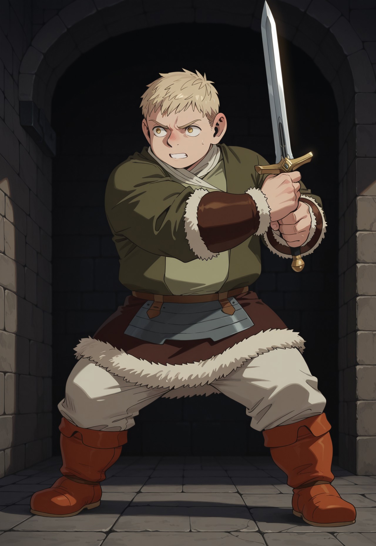 masterpiece, best quality, amazing quality, very aesthetic, absurdres, 1boy, solo, male focus, blonde hair, short hair, yellow eyes, dwarf, muscular, white scarf, green jacket, open jacket, green shirt, brown arm guards, fur-trimmed bracer, belt, fur-trimmed skirt, brown skirt, white pants, orange boots, full body, holding sword, fighting stance, angry, dungeon, perspective, dark