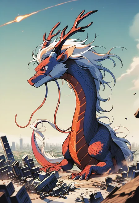 score_9, score_8_up, score_7_up,score_6_up, score_5_up, score_4_up,source_anime,retro artstyle,halftone effect,epic,intricate linework,no humans,dragon,eastern dragon,dragon focus,full body,,cityscape,skyscrapers,destruction,fire