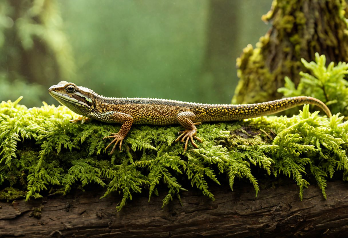 Cinematic, Cinematic Lighting, Cinematic Shot, extremely detailed, Film Still, macro photography, depth of field,  high detail, hires textures, incredibly detailed, intricate details, intricate diorama, masterpiece, Movie Still, outstanding intricacies, photorealism, true masterpiece, fountain background, glamourous, Stately, lizard, skink, Plestiodon, cry5t415ku11, Pacific Northwest conifer forest, sitting beneath a rotten log with mold and moss.