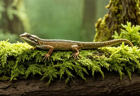 Cinematic, Cinematic Lighting, Cinematic Shot, extremely detailed, Film Still, macro photography, depth of field, high detail, hires textures, incredibly detailed, intricate details, intricate diorama, masterpiece, Movie Still, outstanding intricacies, photorealism, true masterpiece, fountain background, glamourous, Stately, lizard, skink, Plestiodon, cry5t415ku11, Pacific Northwest conifer forest, sitting beneath a rotten log with mold and moss.