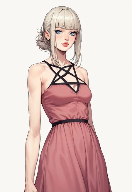 score_9, score_8_up, score_7_up, score_6_up, highly detailed, digital illustration in a realistic fantasy style, The image shows Lea, a girl with fair, porcelain-like skin, long platinum-blonde hair with bangs that frame her face, and a petite, slender figure, and a small nose, small breast, and blue eyes.  1g0r, pentagram dress, pink dress, cowboy shot, abstract background, posing,