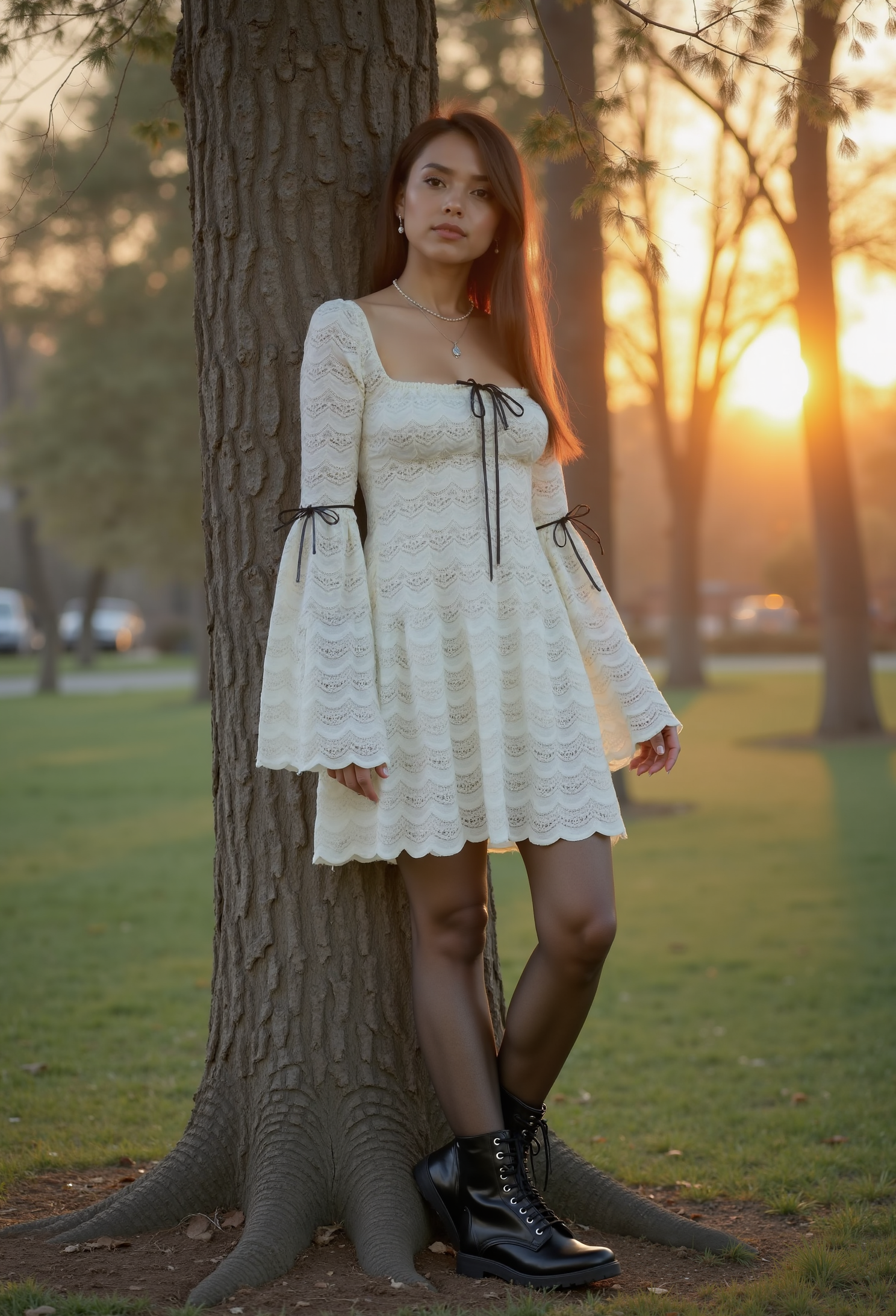 full body shot, beautiful young woman, black hair, clo027, wearing a cream lace dress with detailed scalloped patterns,  black ribbon details, paired pantyhose with black lace-up boots, leaning on a tree in a park, beautiful sunset,