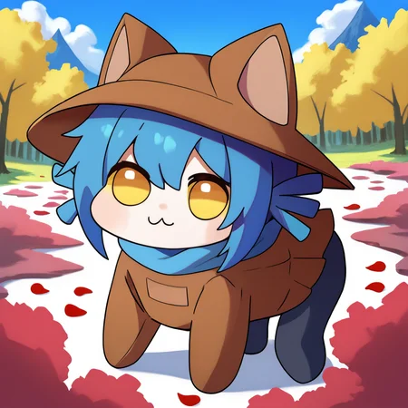 1girl,solo,cniko,blue hair,short hair,hair between eyes,whiskers,cat hat,yellow sclera,blue scarf,brown dress,long sleeves,sleeves past fingers,sleeves past wrists,black legwear,<lora:last:1>,<lora:Doro_X_PDXL_V1:1>,doro,creature,:3,chibi,no humans,white skin,solid circle eyes,no pupils,four legs,outdoors,forest,flower,falling petals,, score_9, score_8_up, score_7_up, perfect anatomy, source_anime, zPDXL2,