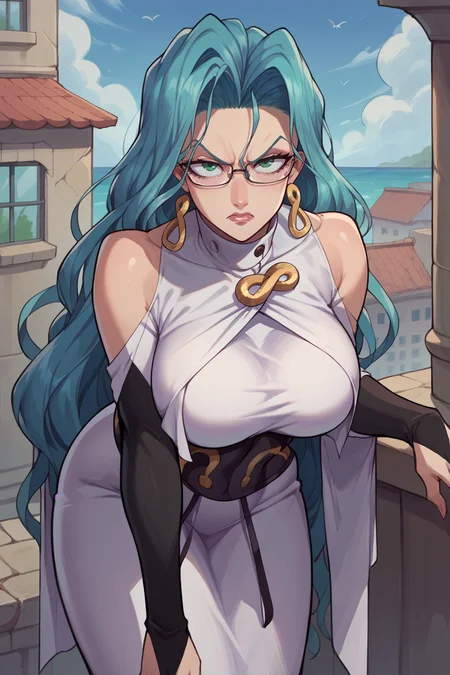 score_9, score_8_up, score_7_up, score_6_up, source_anime, BREAK 1girl, mature female, <lora:psykos-pdxl-nvwls-v1-000005:1> psykos, cyan hair, wavy hair, very long hair, glasses, earrings, white dress, brooch, underbust, long dress, bridal gauntlets, large breasts, annoyed, looking at you, leaning forward, city, ocean