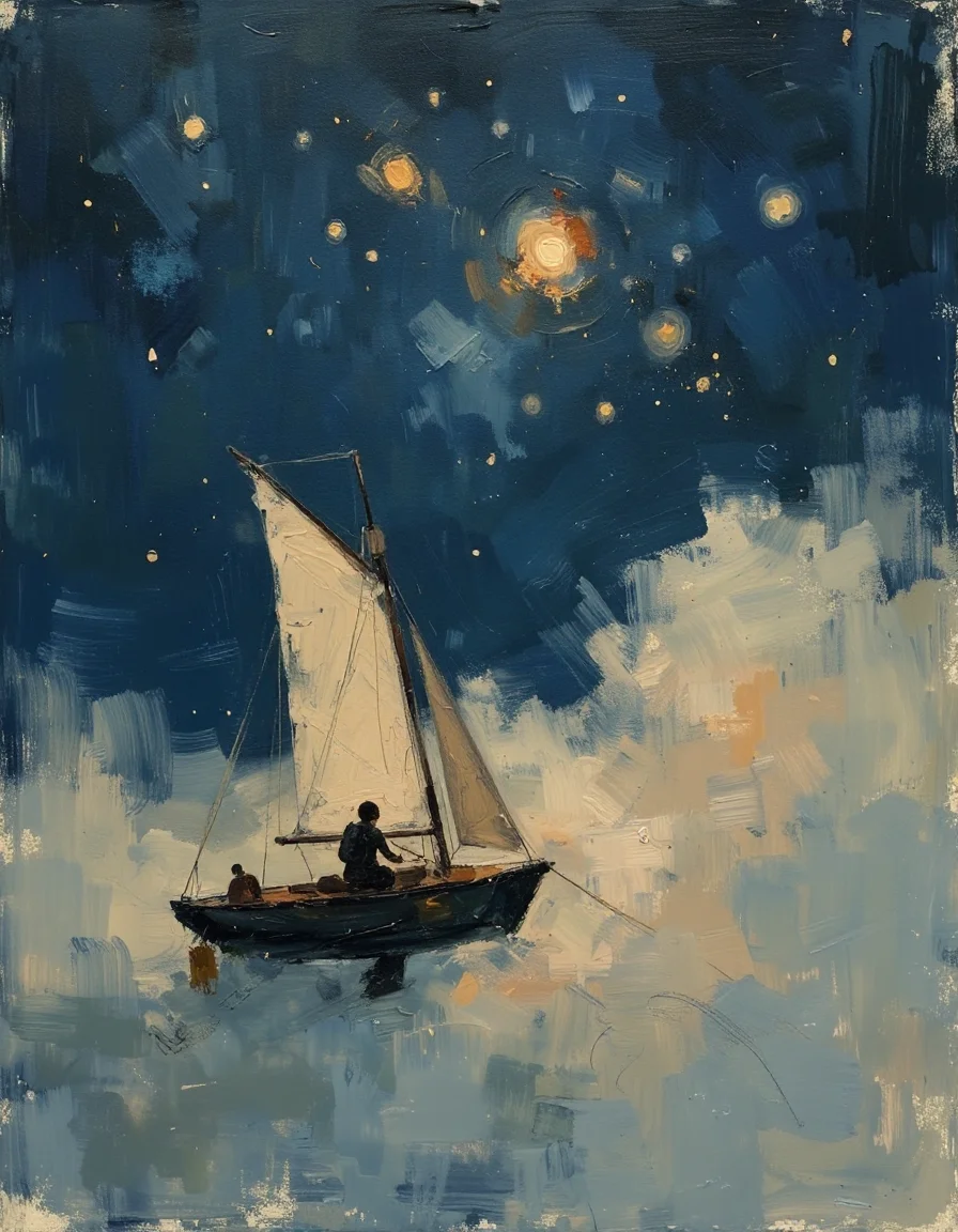 sketch painting of a magic flying explorer is approaching the pleiades aboard a magical sailboat in the sky amidst mist and fog, gravity-defying flight in a cosmic night sky