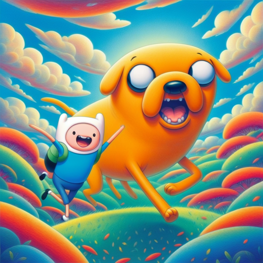 adtime, jake, finn, high quality, 1boys, yellow dog, rolling hills, clouds <lora:KK__Adventure_Time_Style_SDXL:1>