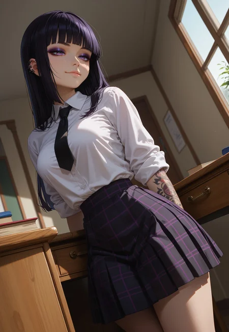 safe_pos, (score_9, score_8_up, score_7_up), 1girl, solo, black hair, purple eyes, long hair, straight bangs, 26 years old, medium breasts, (goth:1.1), ass, eyeshadow,
(white shirt, black tie, checkered pleated skirt:1.1), checkered skirt, hime cut, rolled up sleves, standing, looking out window,
tattoo, tattoo on body, tattoo on arm, from below,
Expressiveh, sitting, chair, desk,
fisheye, (dutch angle, face close-up, face focus :1.5),
(hallway, indoors:1.1), college,
(smug:1.1),
